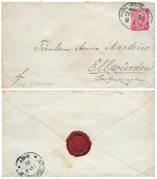 Deutsches Reich Ganzsachen Umschlag 10 Pfennig Bahnpoststempel Hude Nordenhamm Zug 50 13.3.1890 nach Ellwürden