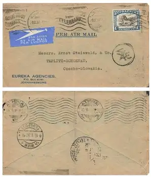 Suidafrika Air Mail  1 Posseel o Johannisburg 9.2.1938 nach Teplitz