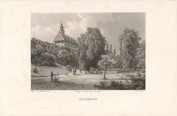 Grafenort Schlossansicht (nördlich von Habelschwerdt) original Stahlstich von Huber nach Theodor Blätterbauer um 1887