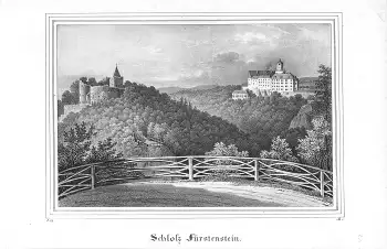 Fürstenstein bei Waldenburg Schlesien Schloss und alte Burg Original-Lithographie um 1840