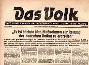 Das Volk Sonderausgabe - zur Rettung der deutschen Nation - Landesorgan der SED Hildburghausen 15. September 1951