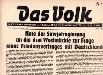 Das Volk Sonderausgabe - Friedensvertrag mit Deutschland - Landesorgan der SED Hildburghausen 11. März 1952