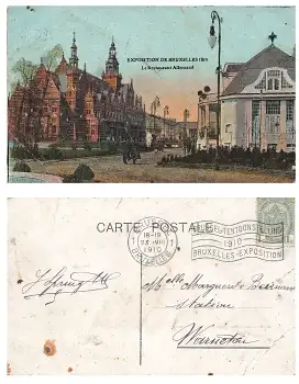 Exposition de Bruxelles 1910 Le Restaurant Allemand Flaggenstempel 23.8.1910