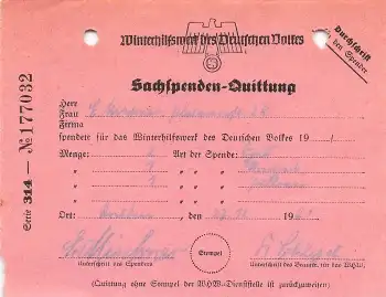 WHW Winterhilfswerk Sachspendenquittung 1941