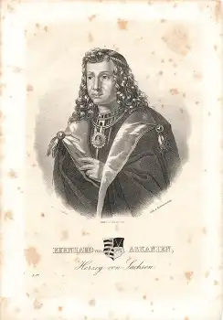 Bernhard von Askanien Herzog von Sachsen original Lithographie  M. Knäbig um 1830