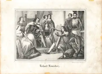 Richard Löwenherz mit Harfner original Lithographie Oeser um 1850