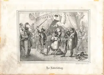 Der Ritterschlag original Lithographie Oeser um 1850