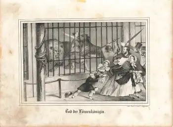 Zirkus Tod der Löwenkönigin original Lithographie Oeser um 1850