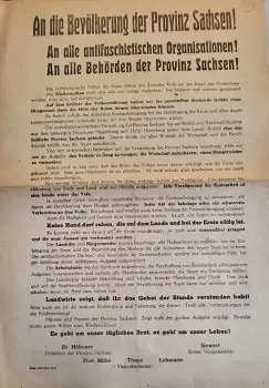 Propaganda Plakat An die Bevölkerung der Provinz Sachsen um 1946 ca A3