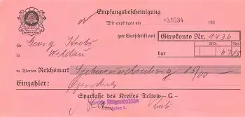 Teltow Sparkasse Empfangsbescheinigung zur Gutschrift auf Girokonto 1934