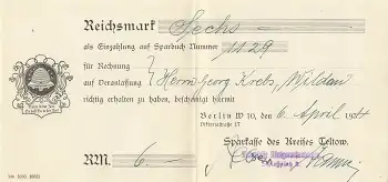 Teltow Sparkasse Sparbuch Einzahlquittung 1934