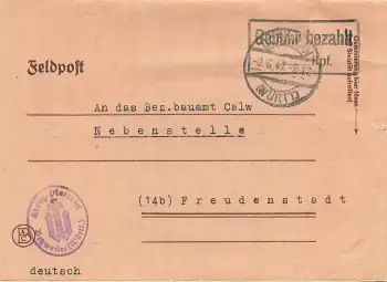 Amerikanische Besetzung  mit schwarzem Stempel Gebühr bezahlt o 2.6.1947 Pfarramt Betzweiler