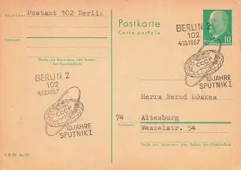 DDR 10 Pfennig Ganzsache Sonderstempel 10 Jahre Sputnik I o Berlin 4.10.1967