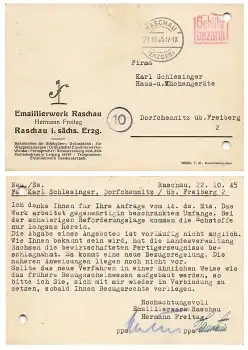 SBZ Gebühr bezahlt auf Firmenkarte Emaillierwerk o Raschau Erzgebirge 23.10.1945