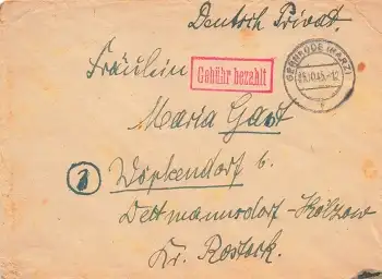 Gernrode roter Gebühr bezahlt Stempel auf Brief o 25.10.1945