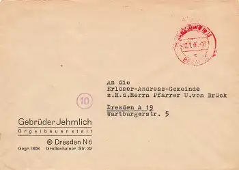 Dresden N13 roter bezahlt Stempel auf Brief o 12.1.1946 von Jehmlich Orgelbauanstalt