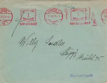 Wien Österreich roter BAR bezahlt Stempel auf Brief o 11.12.1925