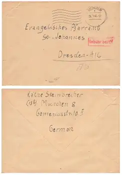 München 1 roter Gebühr bezahlt Stempel auf Brief o 26.1.1946 nach Dresden