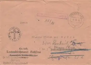 Dresden A24 violetter Frei gebühr bezahlt Stempel auf Brief o 5.10.1945