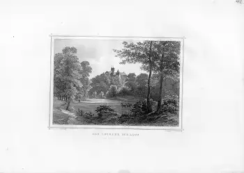 Iburger Schloss vom Thiergarten aus original Stahlstich von Höfer nach Rohbock um 1850