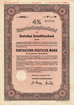 Hypothekenpfandbriefe der Deutschen Investitionsbank Eintausend Deutsche Mark 1957