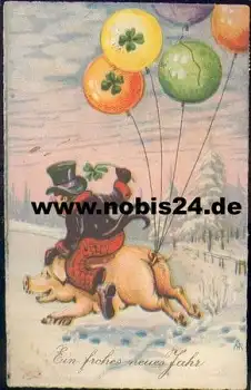 Schornsteinfeger reitet Schwein mit Luftballon o ca. 1940