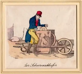 Der Scherenschleifer original Holzschnitt Altkoloriert um 1820