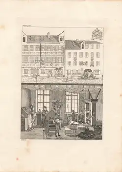 München Färbergraben original Kupferstich mit Buchdrucker um 1810