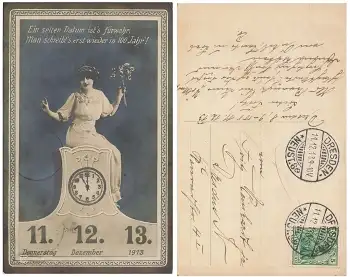 Frau mit Uhr Datumskarte 11.12.1913