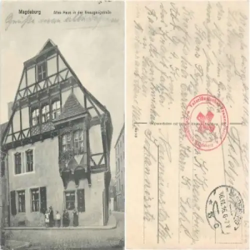 Magdeburg Altes Haus Kreuzgangstrasse Rot Kreuz Stempel Vaterländischer Frauenverein o 16.11.1916