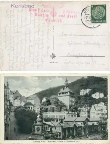 Graslitz Propagandastempel "Dank dem Führer Deutsch und Frei" o 21.11.1938 auf AK Karlsbad