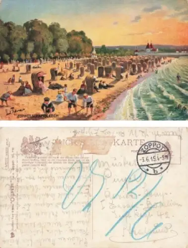 Zoppot Strandleben Künstlerkarte Oilette o 3.6.1915