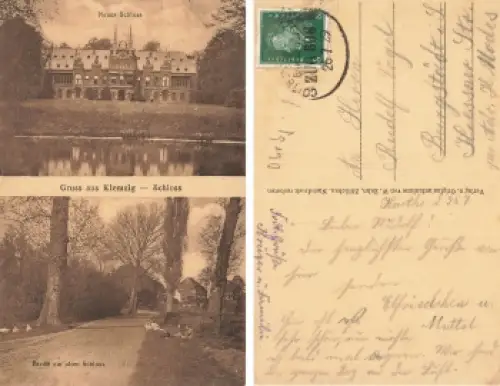 Klemzig Neumark Schloss Klepsk Bahnpost 26.7.1929