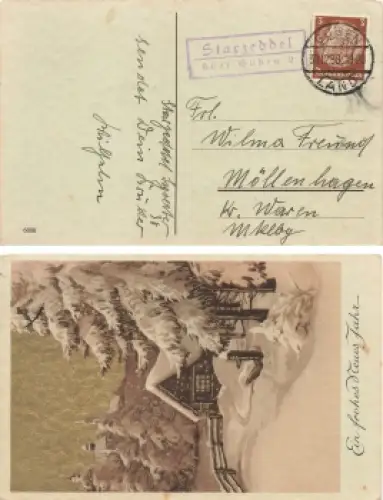 Starzeddel über Guben 2 Landpoststempel auf Glückwunschkarte Starosiedle o 30.12.1938