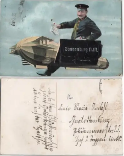 Sonnenburg Neumark Briefträgerkarte mit Leporello und Zeppelin Luftschiff o um 1910
