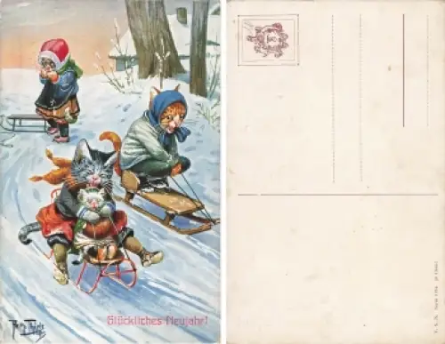 Arthur Thiele Künstlerkarte Katzen beim Rodel Neujahrskarte * um 1910