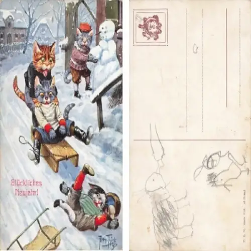 Arthur Thiele Künstlerkarte Katzen beim Rodel Neujahrskarte Schneemann * um 1910