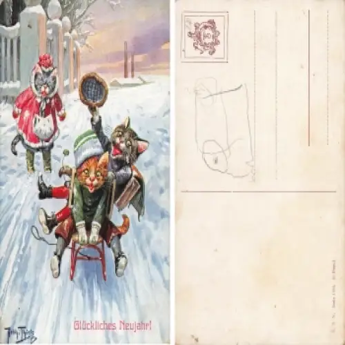 Arthur Thiele Künstlerkarte Katzen beim Rodel Neujahrskarte * um 1910