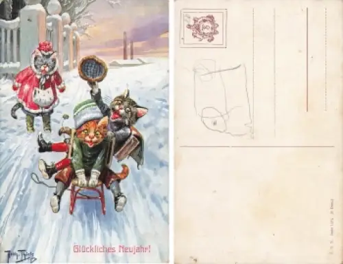Arthur Thiele Künstlerkarte Katzen beim Rodel Neujahrskarte * um 1910