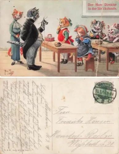 Arthur Thiele Künstlerkarte Katzen Schule Strickstunde o 1914
