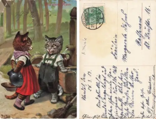 Arthur Thiele Künstlerkarte Katzen Erst ein Kuss o 1913