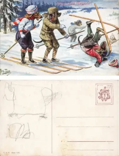 Arthur Thiele Künstlerkarte Hunde Dackel beim Skilaufen Winter Neujahrskarte*  u 1910