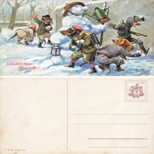 Arthur Thiele Künstlerkarte Hunde Dackel Schneeballschlacht mit Schneemann Neujahrskarte*  u 1910