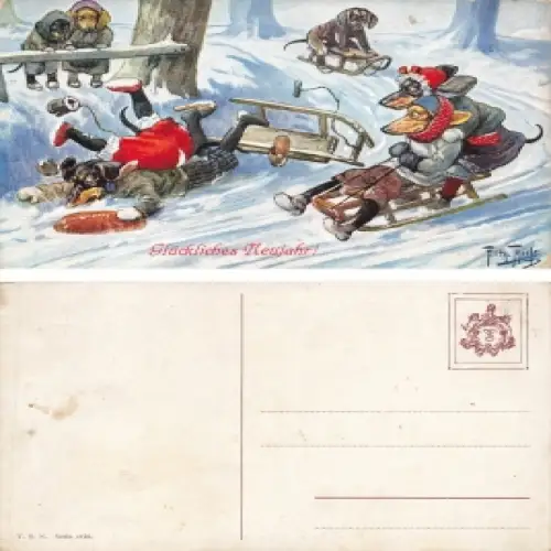 Arthur Thiele Künstlerkarte Hunde Dackel beim Rodeln Neujahrskarte*  u 1910