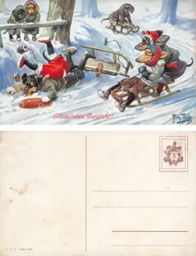 Arthur Thiele Künstlerkarte Hunde Dackel beim Rodeln Neujahrskarte*  u 1910