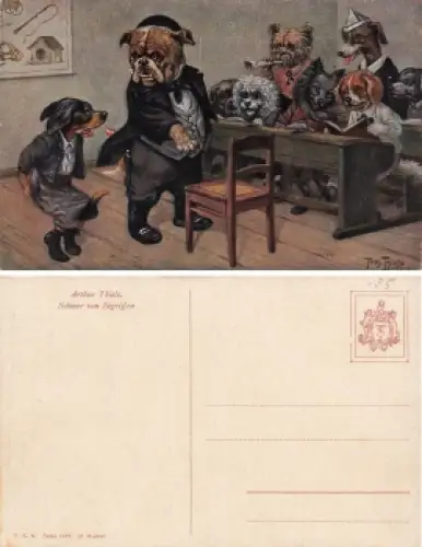 Arthur Thiele Künstlerkarte Hunde Dackel in der Schule * um 1910