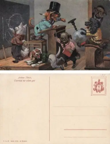 Arthur Thiele Künstlerkarte Hunde Dackel in der Schule * um 1910
