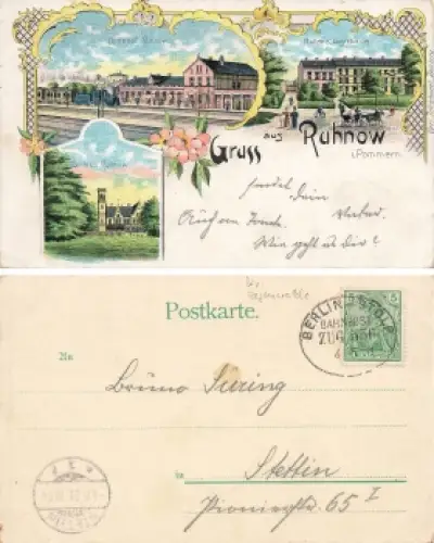 Ruhnow Pommern Litho Runowo Bahnpost Berlin-Stolp Zug 556 4.5.1901