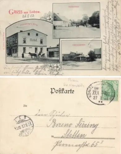 Lubow Pommern Achterbergs Hotel Lubowo Bahnpost Konitz- Ruhnow Zug 22-582 27.8.1903