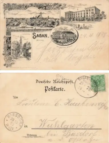 Sagan Schlesien Litho Caserne Zagan Bahnpost Sagan-Cottbus Zug 740 o 1898